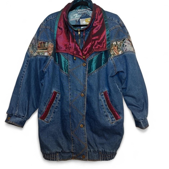 Current Seen Jackets & Blazers - Current Seen 80s/90s Denim Jacket + Embroidery/Patchwork/Satin/Tapestry Details